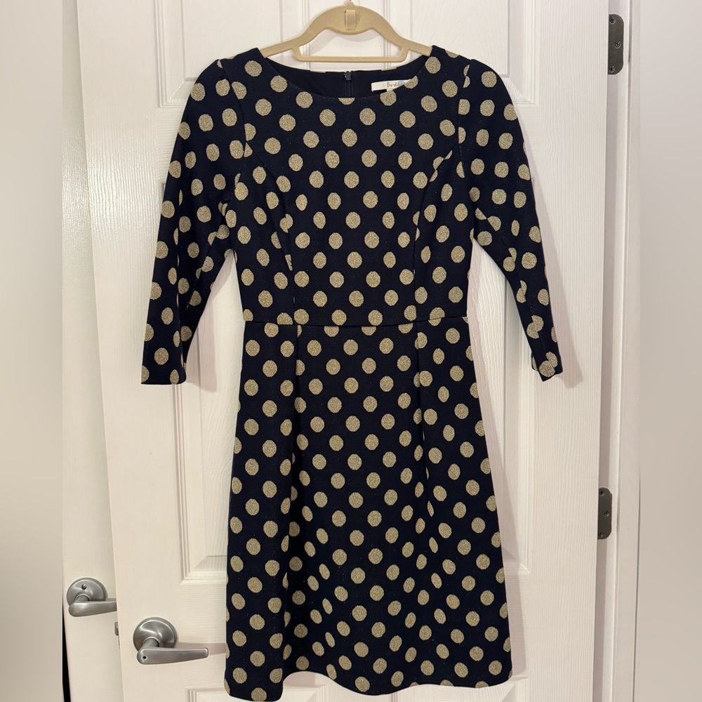 Boden Navy and Gold Polka Dot Dress